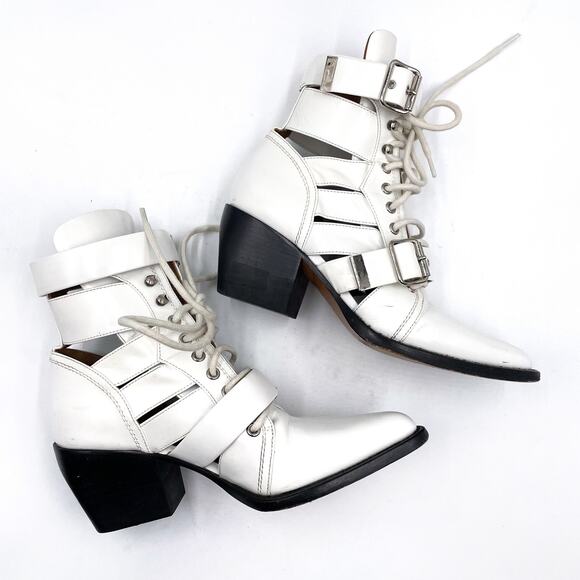 Chloe Rylee Boots White Leather Cutout Lace Up Pointed Toe Ankle Sz 38 / 8 - Picture 6 of 12